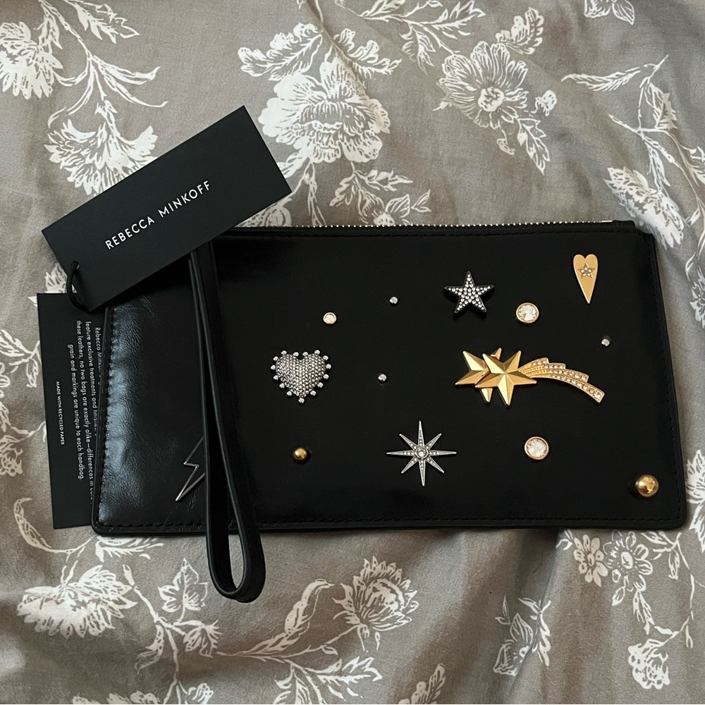 Rebecca Minkoff Black Clutch with Gold and Silver Embellishments